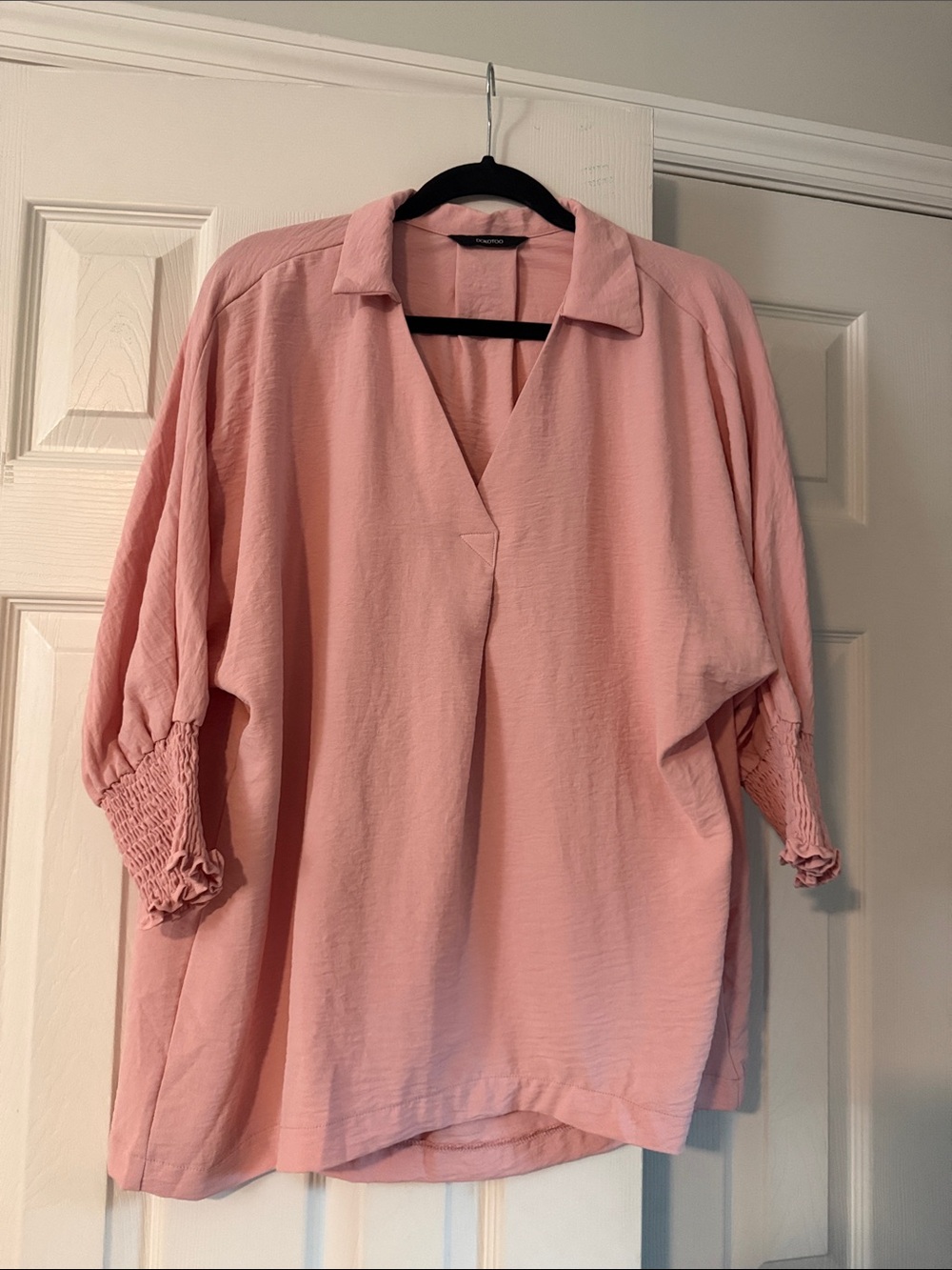 Light Pink V-Neck Collared Blouse with Smocked Cuffs